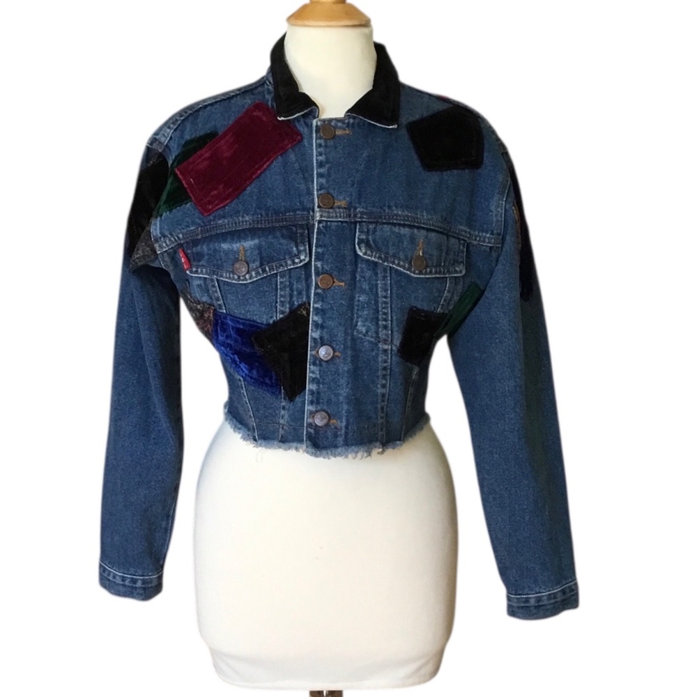 Vintage 90’s Y2K L.E.I. Velvet Patchwork Raw Hem Cropped Denim Jacket